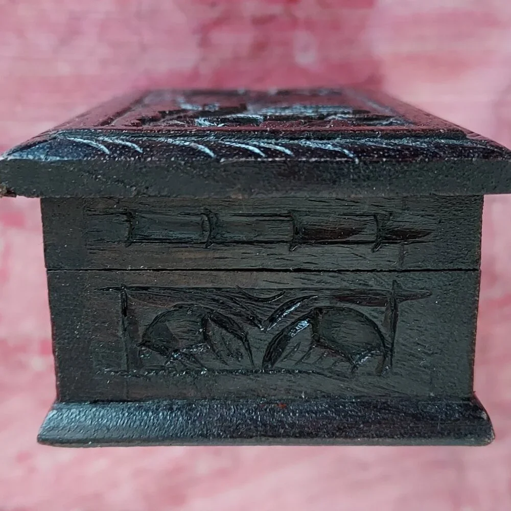 Sarinah Carved Wood Hinged Trinket Box-Peacock Carved into the Lid